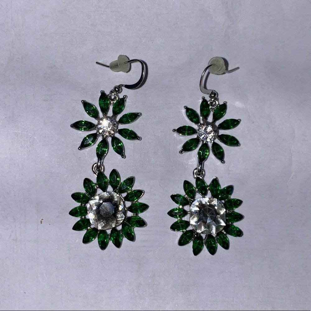 Emerald green and rhinestone 2” earrings